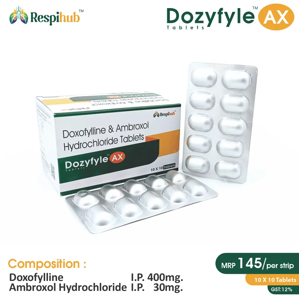 Doxofylline (400mg) + Ambroxol (30mg) Tablet at Best Price in PCD Pharma Franchise for Bronchodilator and Asthma, COPD Treatment, Mucolytic Action.